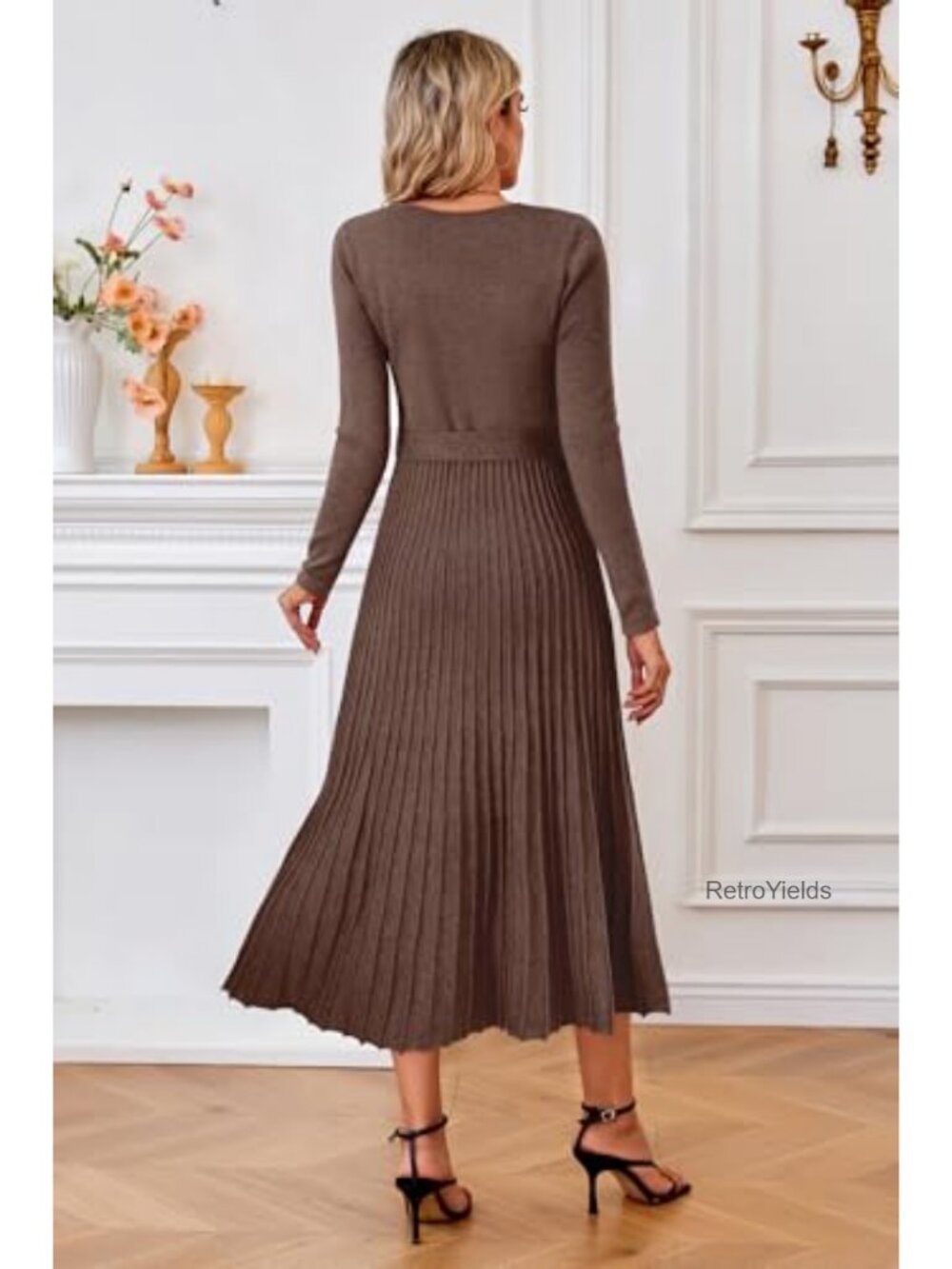 Wool Blend Long Sleeve V-Neck Midi Sweater Dress Tie Waist A-Line - Picture 5 of 6